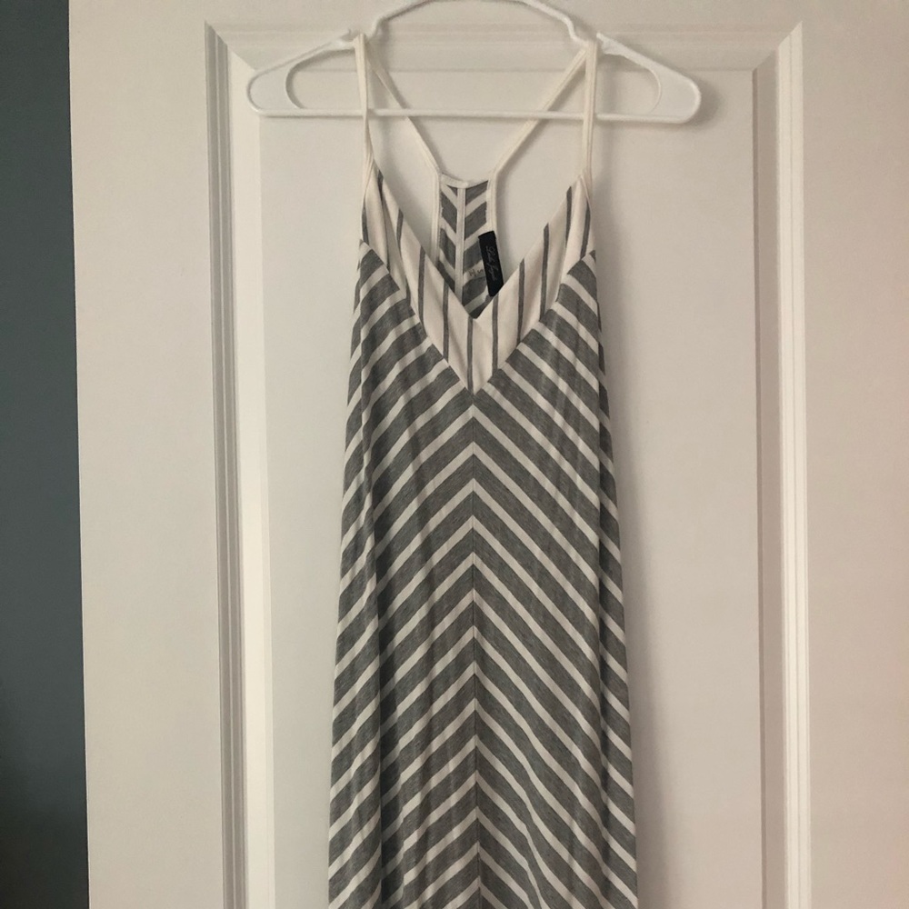 Laila Jayde Gray and White Striped High-Low Maxi Dress